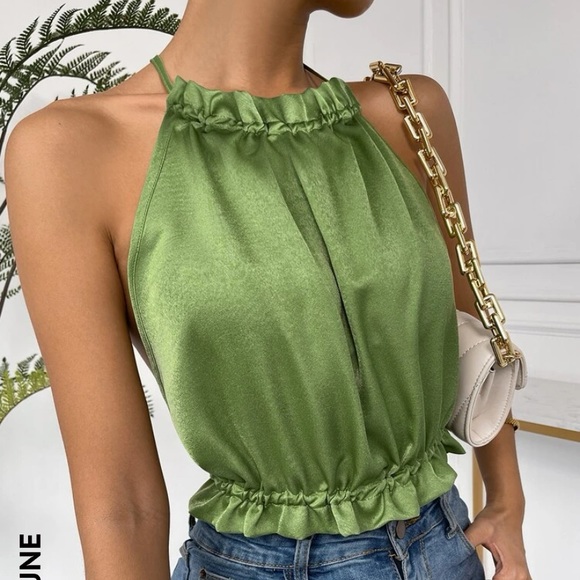 Green satin open back halter top - Picture 3 of 5